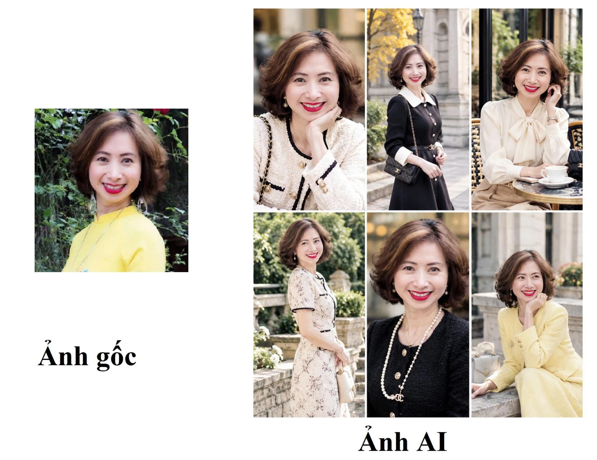 Ảnh gốc bên trái và 6 ảnh tạo bằng A.I phong cách cổ điển bên phải