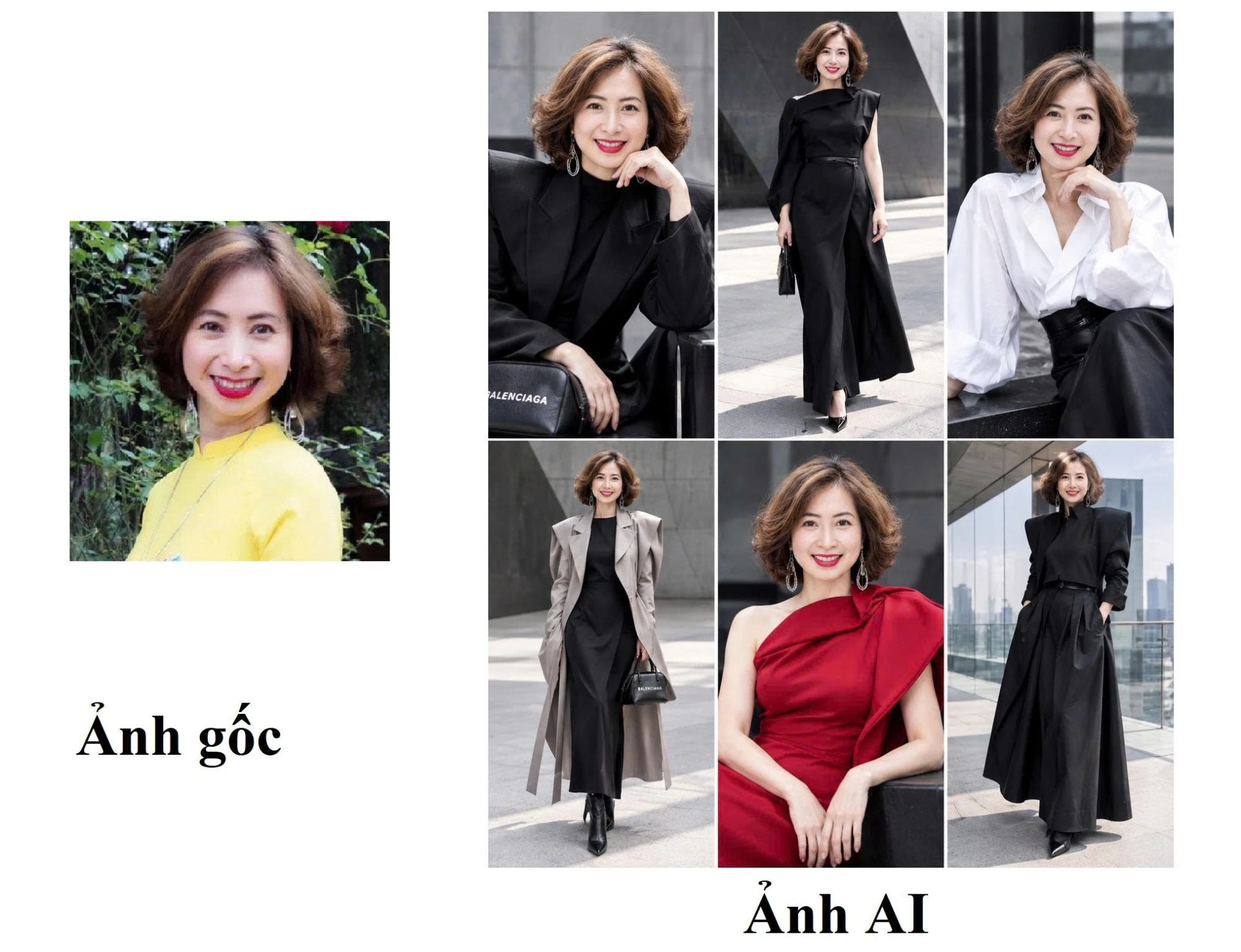 Ảnh gốc bên trái và 6 ảnh tạo bằng A.I phong cách hiện đại bên phải